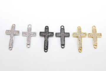 Gold CZ Micro Pave Cross Connector, Silver Cross Links for Bracelet or Necklace #152, Black Clear Cubic Zirconia Beads